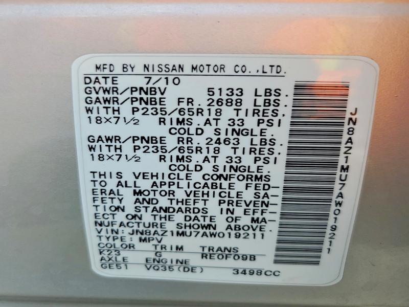 62525966 :رقم المزاد ، JN8AZ1MU7AW019211 vin ، 2010 Nissan Murano مزاد بيع