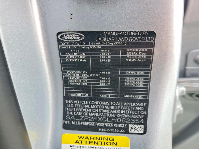 Продажа на аукционе авто 2020 Land Rover Range Rover Evoque, vin: SALZP2FX0LH062354, номер лота: 59148036