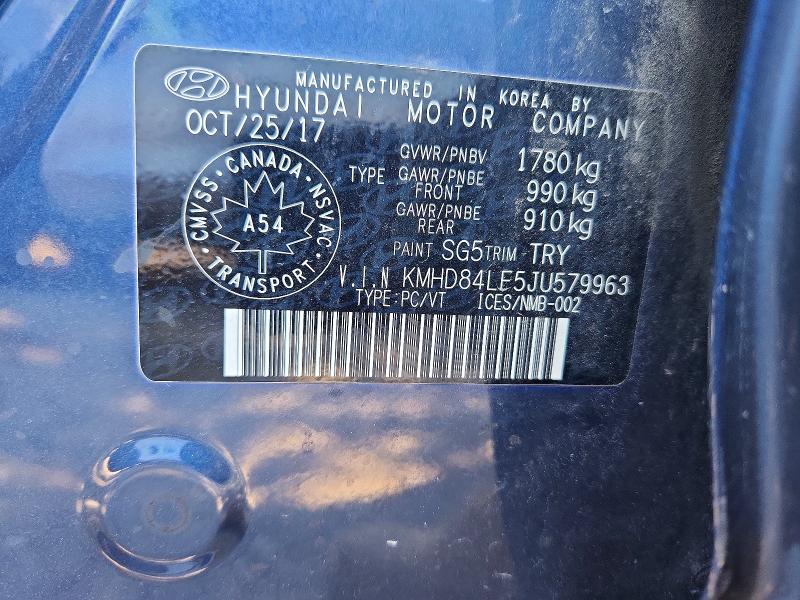 60811186 :رقم المزاد ، KMHD84LF5JU579963 vin ، 2018 Hyundai Elantra مزاد بيع