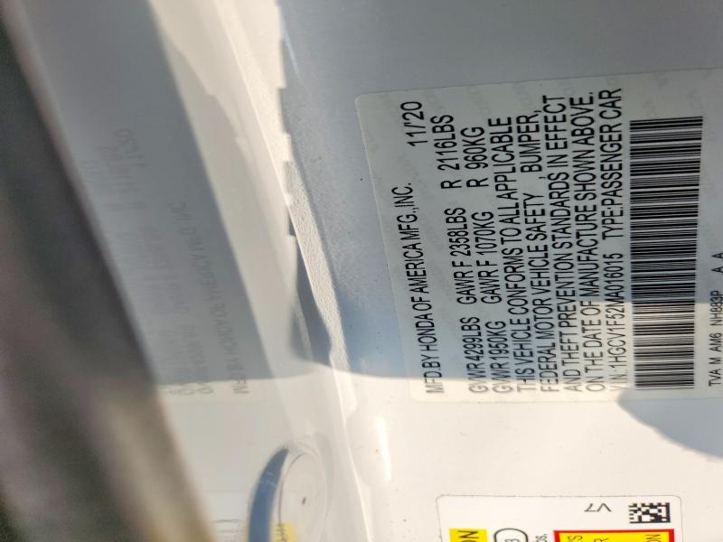 61788426 :رقم المزاد ، 1HGCV1F52MA016015 vin ، 2021 Honda Accord مزاد بيع