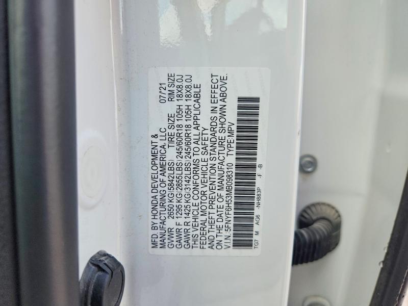 61838456 :رقم المزاد ، 5FNYF6H53MB098310 vin ، 2021 Honda Pilot مزاد بيع