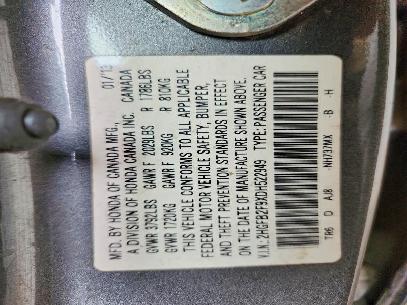 Продаж на аукціоні авто 2013 Honda Civic, vin: 2HGFB2F9XDH522949, номер лоту: 58743086