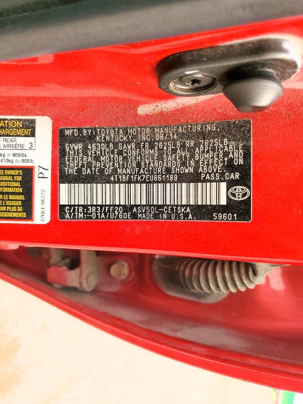 61285766 :رقم المزاد ، 4T1BF1FK7EU861189 vin ، 2014 Toyota Camry مزاد بيع