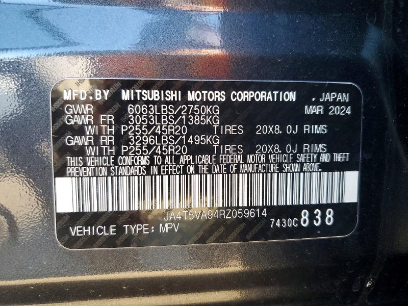 2024 Mitsubishi Outlander მანქანა იყიდება აუქციონზე, vin: JA4T5VA94RZ059614, აუქციონის ნომერი: 62766326
