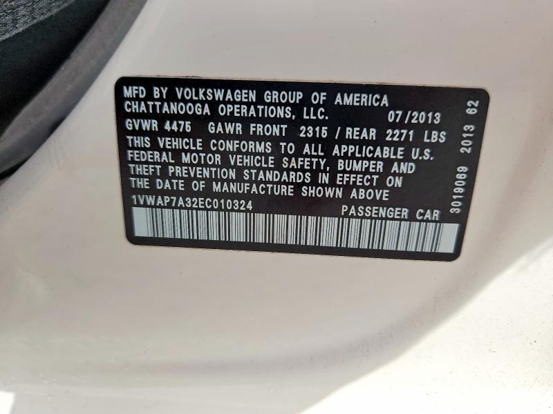 60875036 :رقم المزاد ، 1VWAP7A32EC010324 vin ، 2014 Volkswagen Passat مزاد بيع