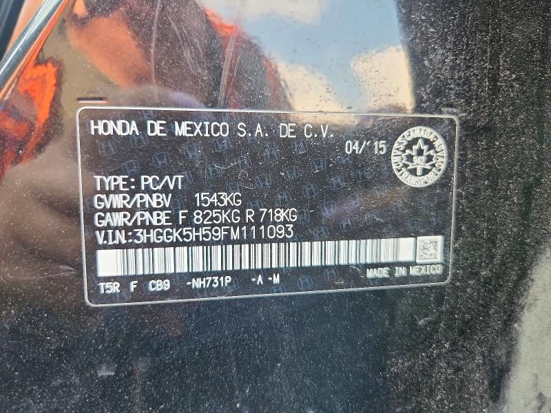 2015 Honda Fit მანქანა იყიდება აუქციონზე, vin: 3HGGK5H59FM111093, აუქციონის ნომერი: 59994056