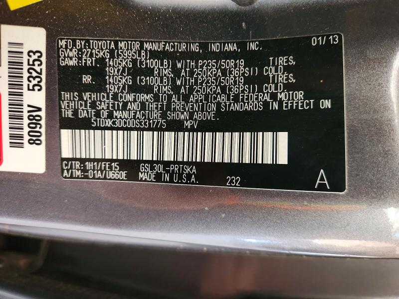 Aukcja sprzedaży 2013 Toyota Sienna, vin: 5TDXK3DC0DS331775, numer aukcji: 59804106