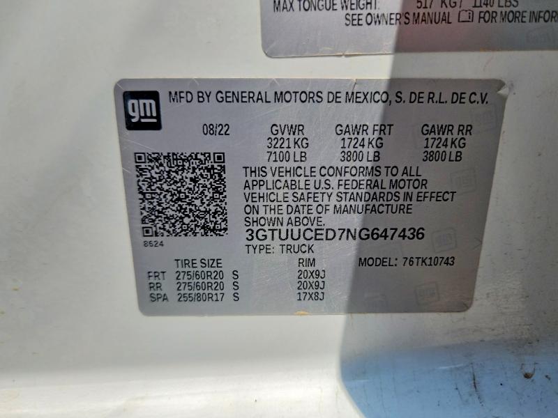 Aukcja sprzedaży 2022 Gmc Sierra, vin: 3GTUUCED7NG647436, numer aukcji: 59259506