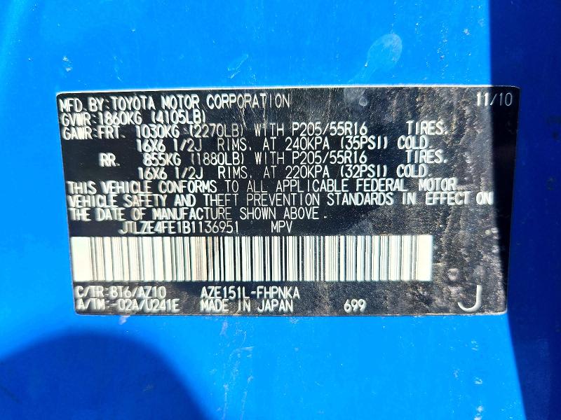 61620216 :رقم المزاد ، JTLZE4FE1B1136951 vin ، 2011 Toyota Scion مزاد بيع
