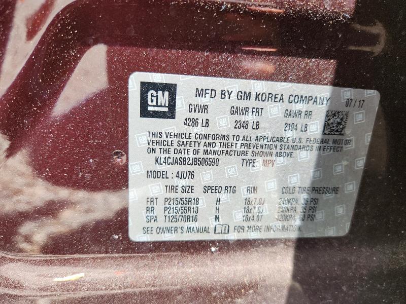61758856 :رقم المزاد ، KL4CJASB2JB506590 vin ، 2018 Buick Encore مزاد بيع