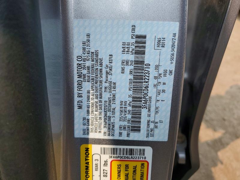 Aukcja sprzedaży 2020 Ford Fusion, vin: 3FA6P0CD6LR223710, numer aukcji: 61404616