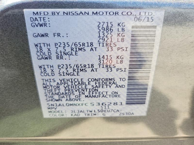 61788056 :رقم المزاد ، 5N1AL0MNXFC536281 vin ، 2015 Infiniti Qx60 مزاد بيع