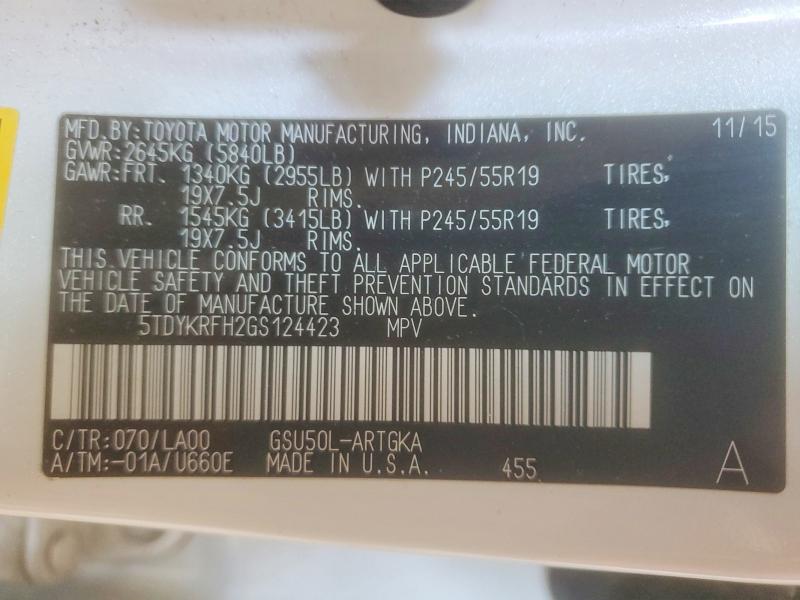 Aukcja sprzedaży 2016 Toyota Highlander, vin: 5TDYKRFH2GS124423, numer aukcji: 62672196