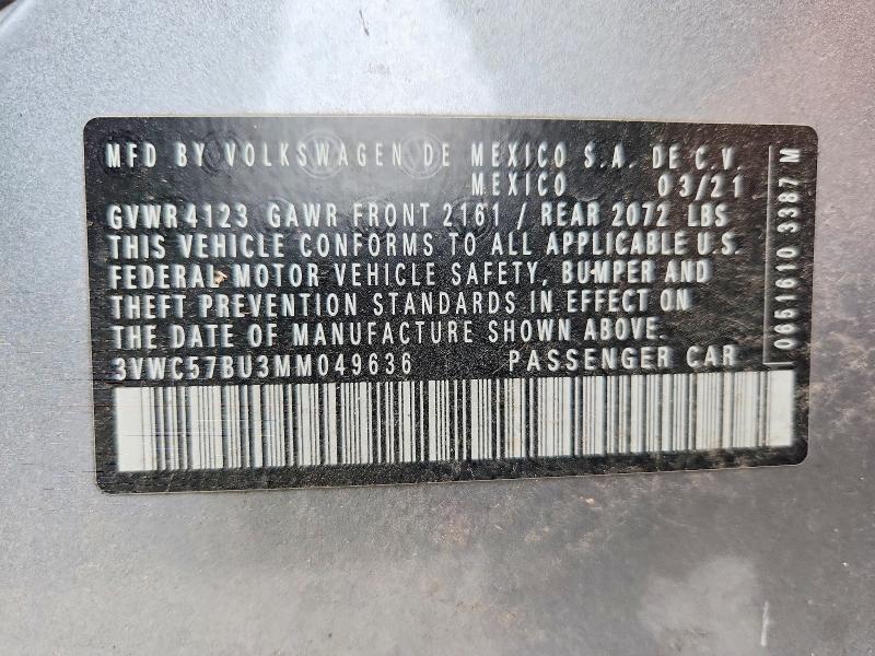 2021 Volkswagen Jetta მანქანა იყიდება აუქციონზე, vin: 3VWC57BU3MM049636, აუქციონის ნომერი: 60176426