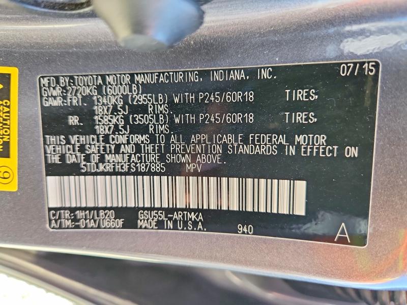 62994516 :رقم المزاد ، 5TDJKRFH3FS187885 vin ، 2015 Toyota Highlander مزاد بيع