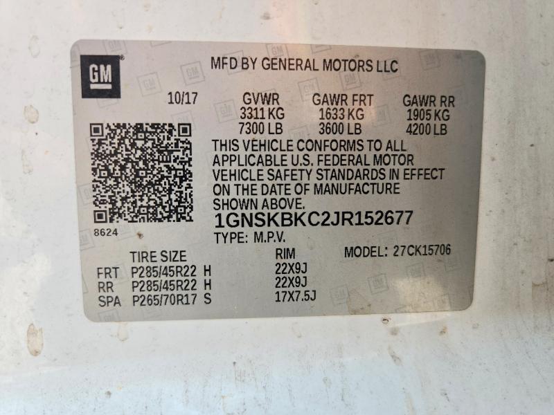 2018 Chevrolet Tahoe მანქანა იყიდება აუქციონზე, vin: 1GNSKBKC2JR152677, აუქციონის ნომერი: 60795336