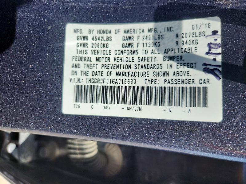 2016 Honda Accord მანქანა იყიდება აუქციონზე, vin: 1HGCR3F01GA016693, აუქციონის ნომერი: 62291036