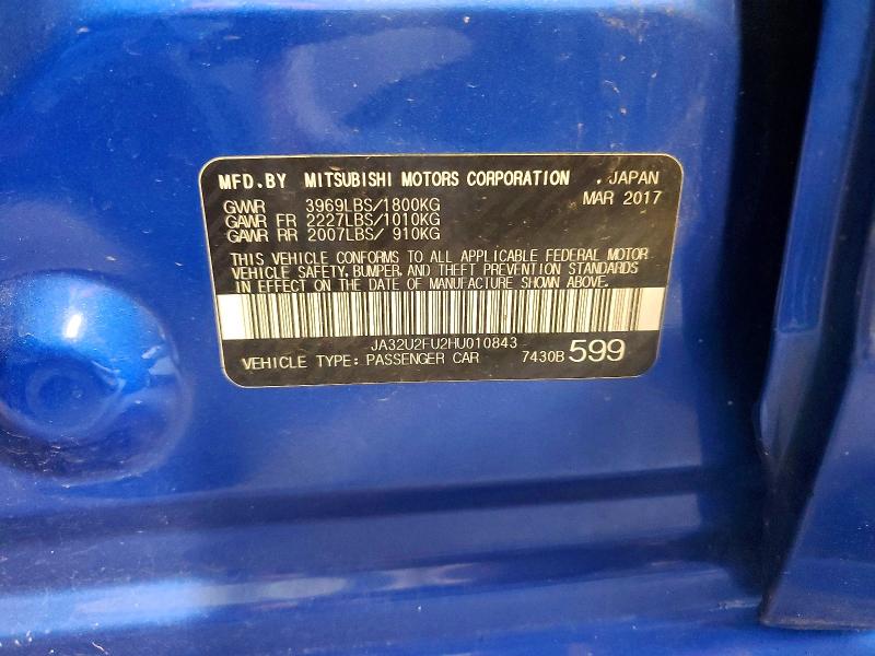 2017 Mitsubishi Lancer მანქანა იყიდება აუქციონზე, vin: JA32U2FU2HU010843, აუქციონის ნომერი: 61984146
