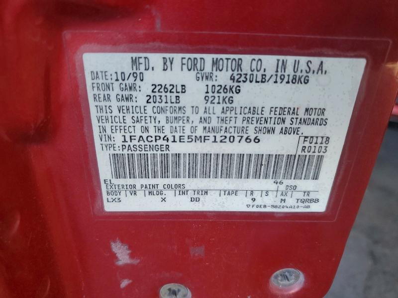 63773556 :رقم المزاد ، 1FACP41E5MF120766 vin ، 1991 Ford Mustang مزاد بيع