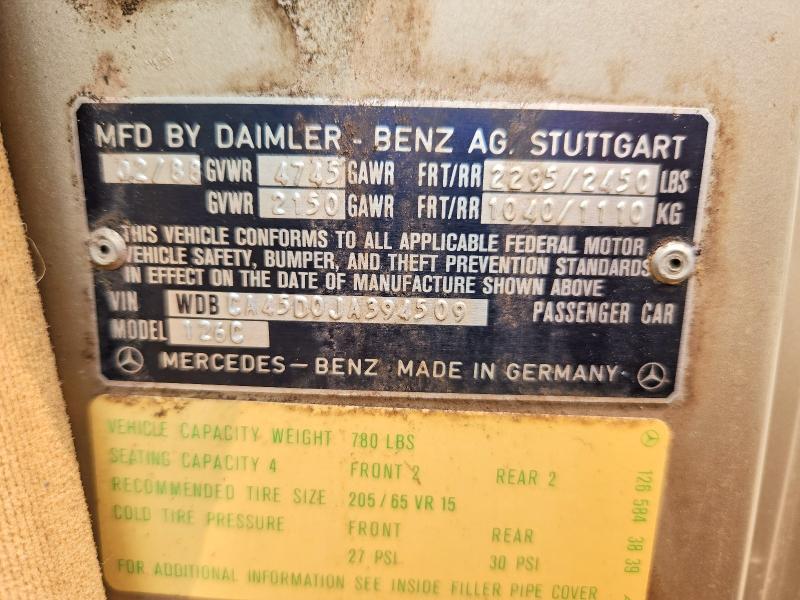 1988 Mercedes-benz 560 მანქანა იყიდება აუქციონზე, vin: WDBCA45D0JA394509, აუქციონის ნომერი: 59284086