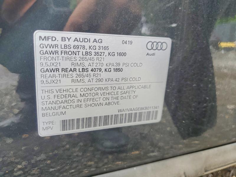 57685926 :رقم المزاد ، WA1VAAGE8KB011341 vin ، 2019 Audi E-tron مزاد بيع