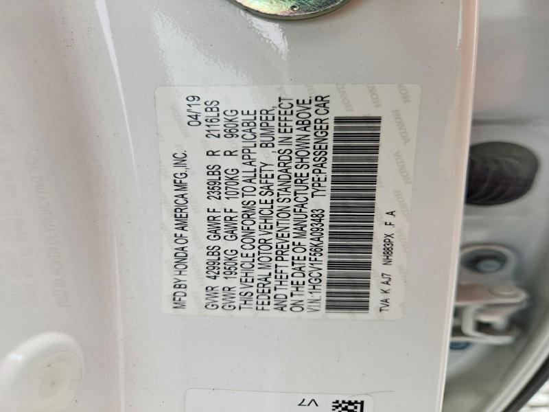 60988296 :رقم المزاد ، 1HGCV1F56KA093483 vin ، 2019 Honda Accord مزاد بيع
