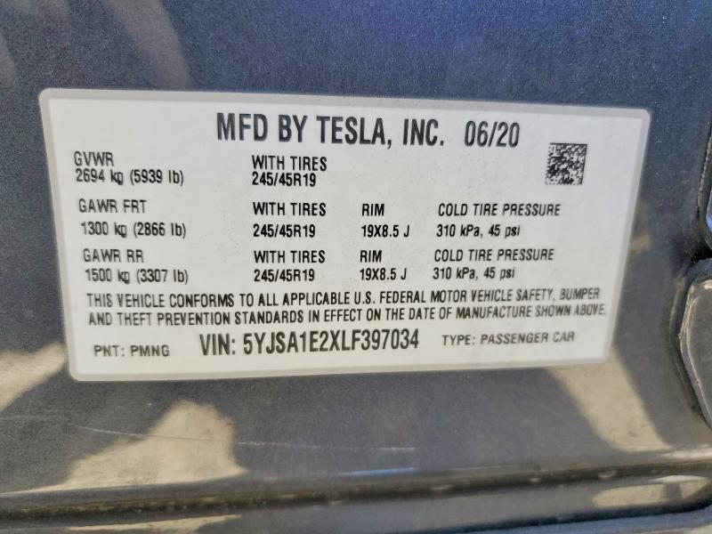 2020 Tesla Model S მანქანა იყიდება აუქციონზე, vin: 5YJSA1E2XLF397034, აუქციონის ნომერი: 62709626