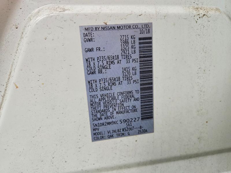 Продаж на аукціоні авто 2019 Nissan Pathfinder, vin: 5N1DR2MM9KC590227, номер лоту: 62646456