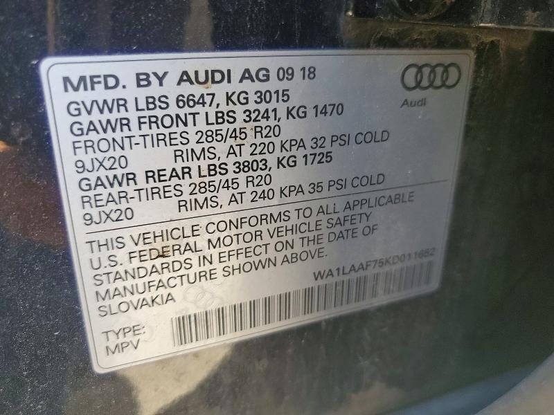 62055356 :رقم المزاد ، WA1LAAF75KD011652 vin ، 2019 Audi Q7 مزاد بيع