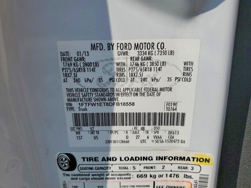 2013 Ford F150 მანქანა იყიდება აუქციონზე, vin: 1FTFW1ET8DFB18558, აუქციონის ნომერი: 61124836