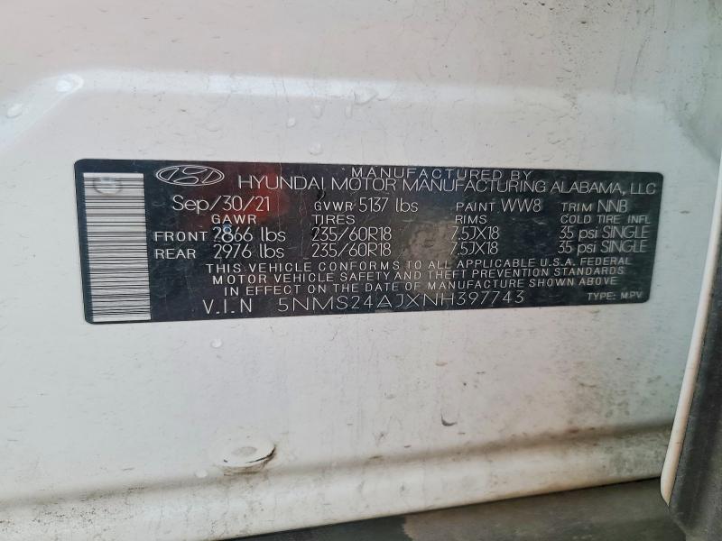 95588005 :رقم المزاد ، 5NMS24AJXNH397743 vin ، 2022 Hyundai Santa Fe مزاد بيع