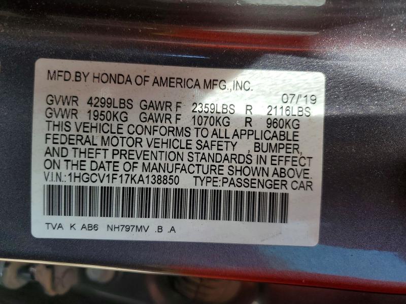61065346 :رقم المزاد ، 1HGCV1F17KA138850 vin ، 2019 Honda Accord مزاد بيع