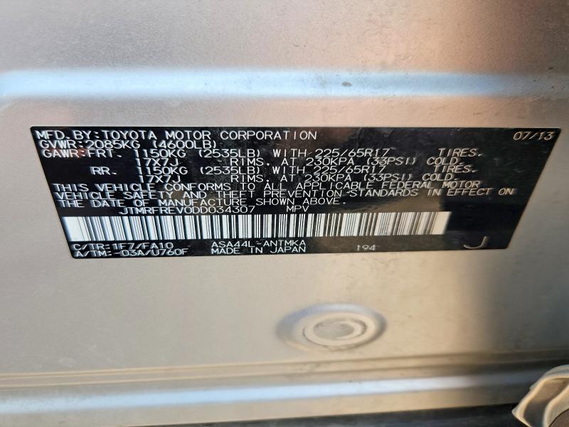 Aukcja sprzedaży 2013 Toyota Rav4, vin: JTMRFREV0DD034307, numer aukcji: 60374486