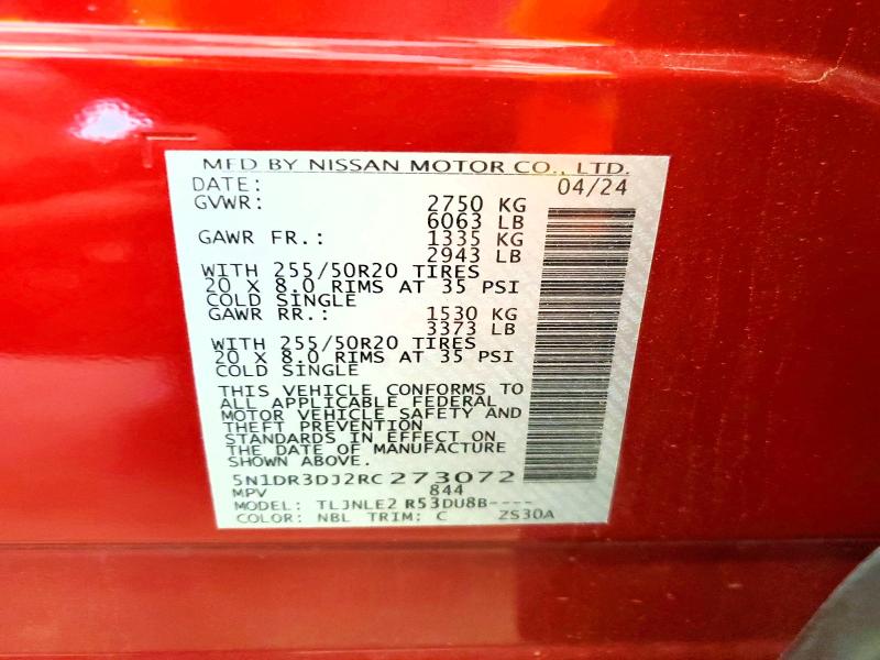 62952346 :رقم المزاد ، 5N1DR3DJ2RC273072 vin ، 2024 Nissan Pathfinder مزاد بيع