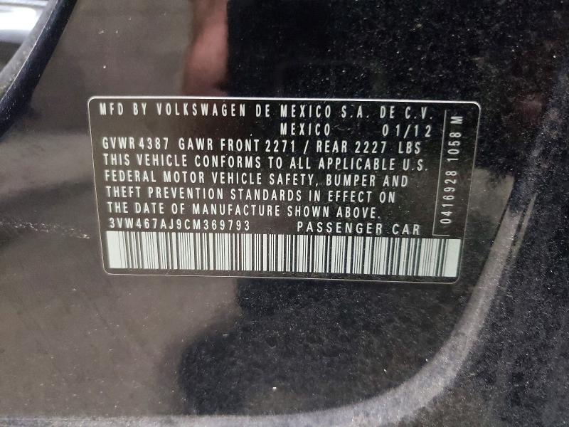 2012 Volkswagen Jetta მანქანა იყიდება აუქციონზე, vin: 3VW467AJ9CM369793, აუქციონის ნომერი: 63329756