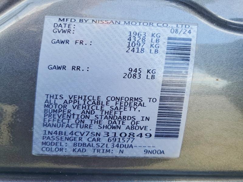2025 Nissan Altima მანქანა იყიდება აუქციონზე, vin: 1N4BL4CV7SN310849, აუქციონის ნომერი: 61699576