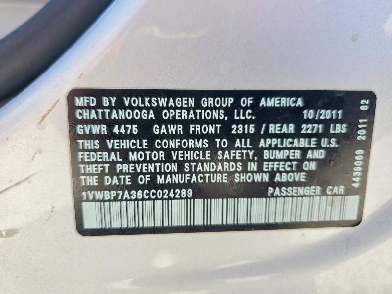 Aukcja sprzedaży 2012 Volkswagen Passat, vin: 1VWBP7A36CC024289, numer aukcji: 61603436