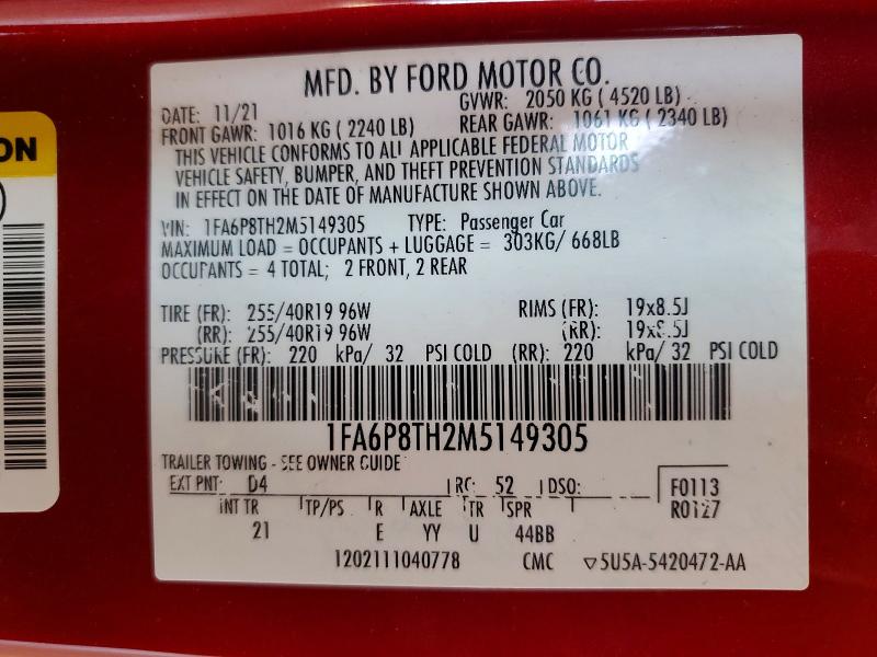 Aukcja sprzedaży 2021 Ford Mustang, vin: 1FA6P8TH2M5149305, numer aukcji: 61611176