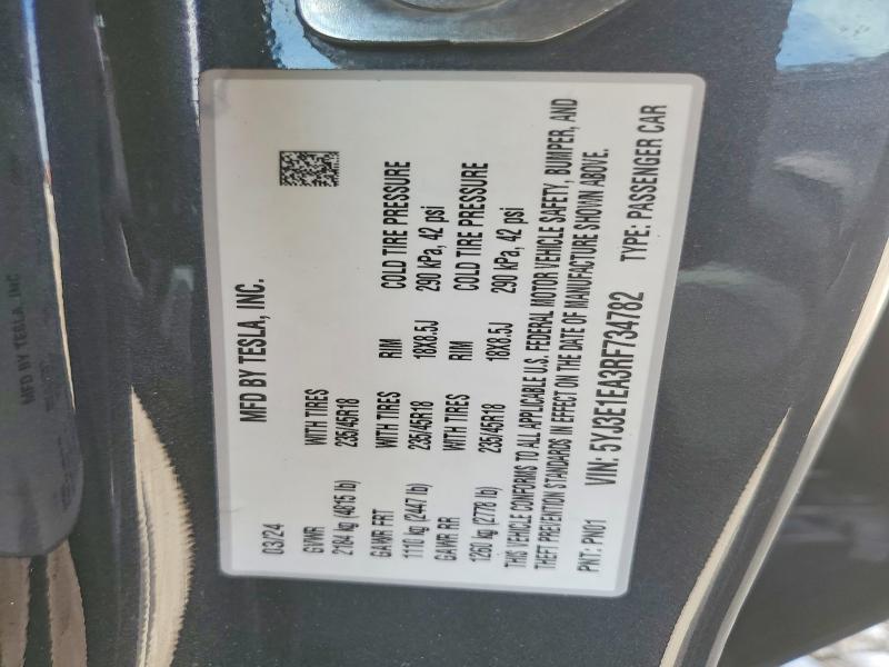 61077626 :رقم المزاد ، 5YJ3E1EA3RF734782 vin ، 2024 Tesla Model 3 مزاد بيع