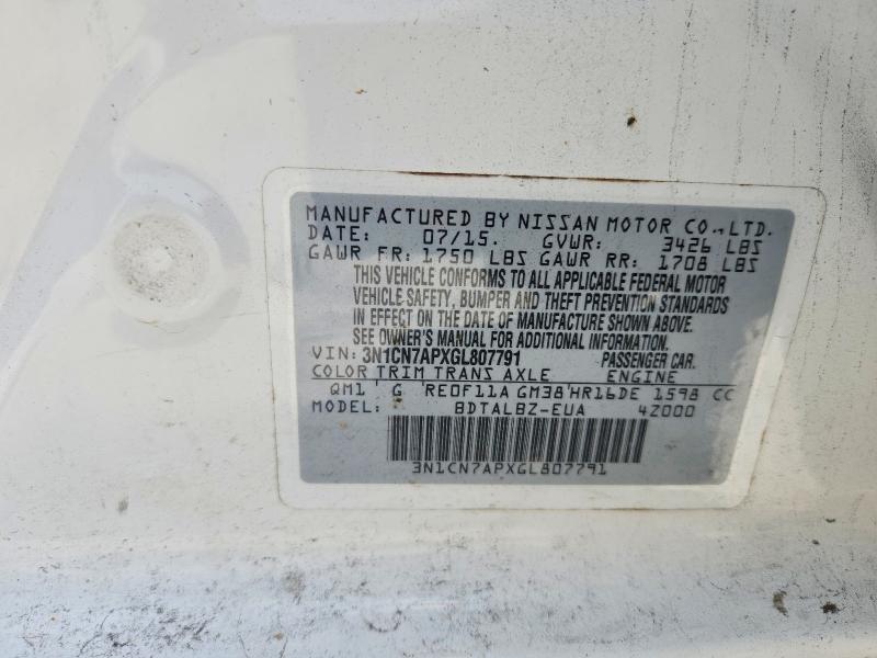 60261746 :رقم المزاد ، 3N1CN7APXGL807791 vin ، 2016 Nissan Versa مزاد بيع
