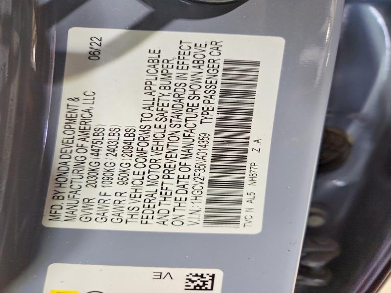 2022 Honda Accord მანქანა იყიდება აუქციონზე, vin: 1HGCV2F35NA014359, აუქციონის ნომერი: 60071896
