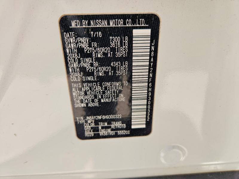 2017 Nissan Armada მანქანა იყიდება აუქციონზე, vin: JN8AY2NF6H9300322, აუქციონის ნომერი: 59392086