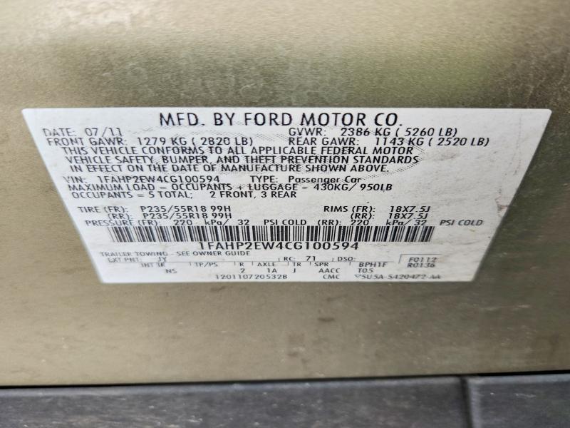 Продаж на аукціоні авто 2012 Ford Taurus, vin: 1FAHP2EW4CG100594, номер лоту: 61216826