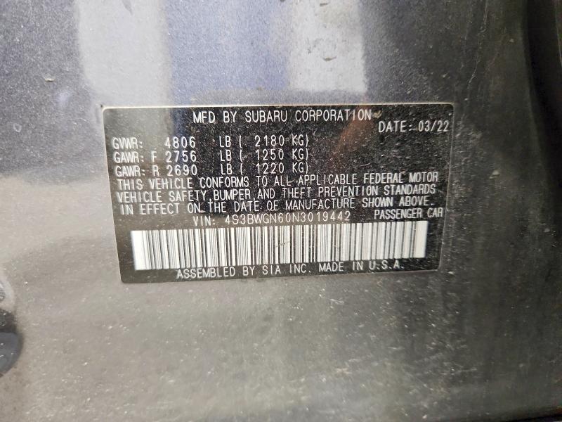 Aukcja sprzedaży 2022 Subaru Legacy, vin: 4S3BWGN60N3019442, numer aukcji: 62164846