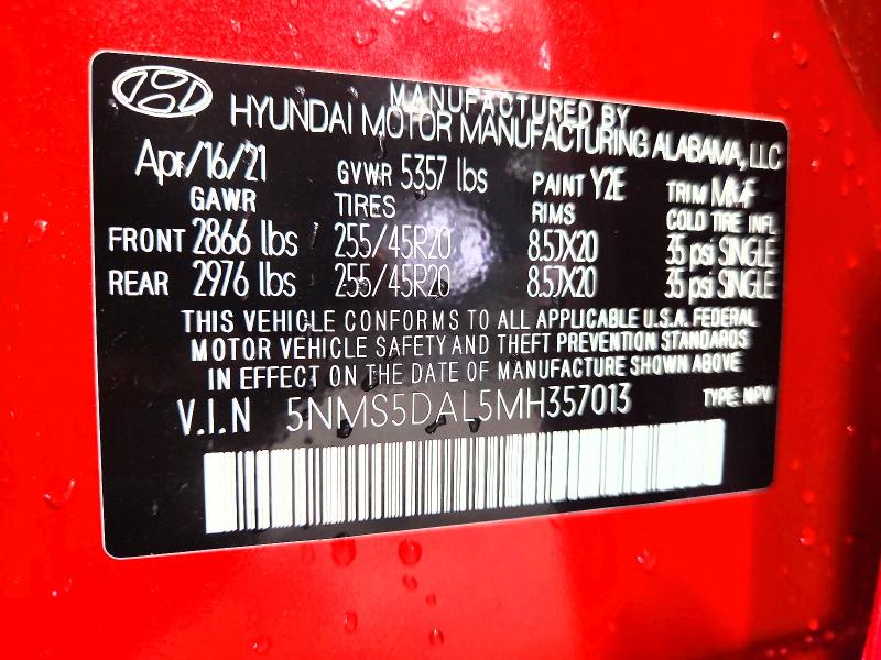 Aukcja sprzedaży 2021 Hyundai Santa Fe, vin: 5NMS5DAL5MH357013, numer aukcji: 63203526