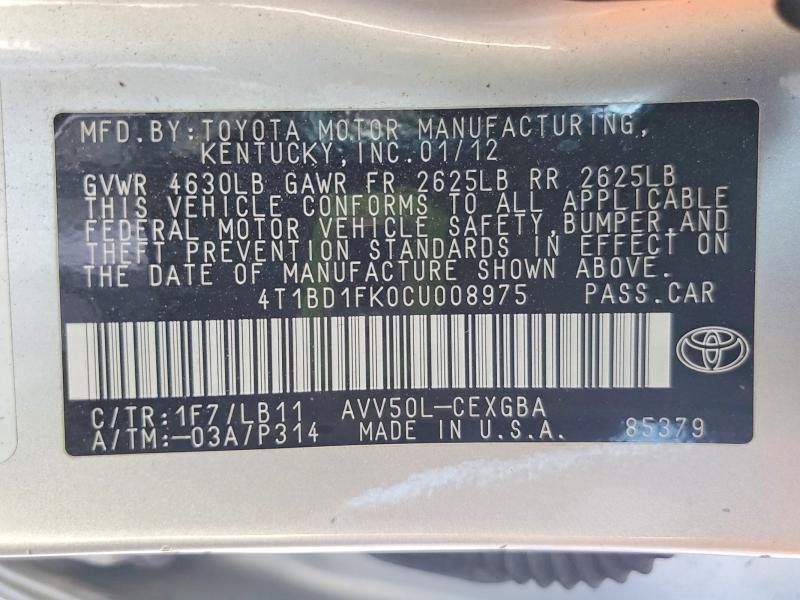 Продажа на аукционе авто 2012 Toyota Camry Hybrid, vin: 4T1BD1FK0CU008975, номер лота: 59859946