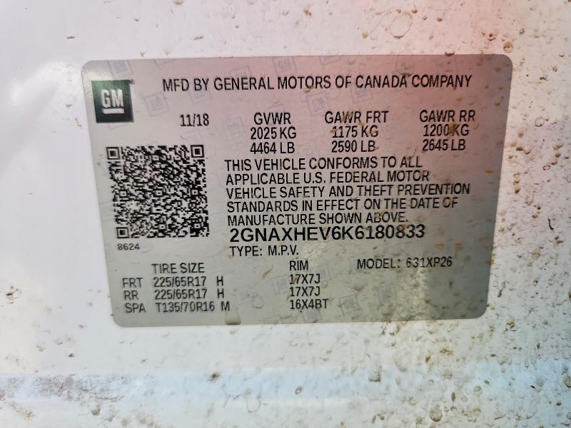 Aukcja sprzedaży 2019 Chevrolet Equinox, vin: 2GNAXHEV6K6180833, numer aukcji: 59701466