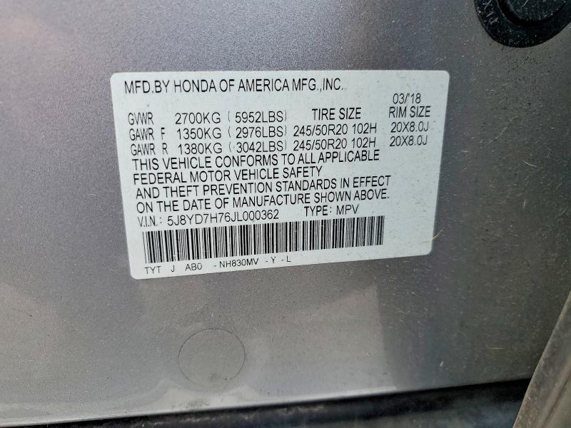 60023966 :رقم المزاد ، 5J8YD7H76JL000362 vin ، 2018 Acura Mdx مزاد بيع