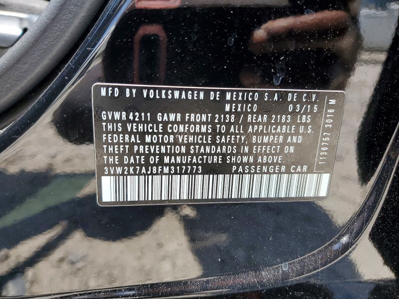 2015 Volkswagen Jetta მანქანა იყიდება აუქციონზე, vin: 3VW2K7AJ8FM317773, აუქციონის ნომერი: 62509396