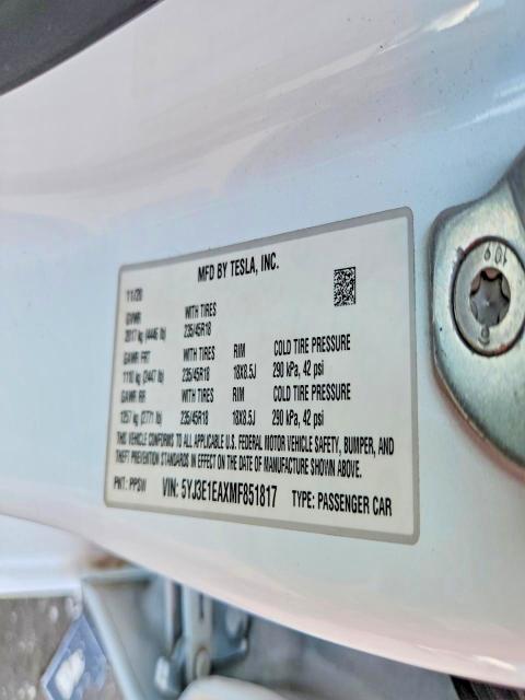 Продаж на аукціоні авто 2021 Tesla Model 3, vin: 5YJ3E1EAXMF851817, номер лоту: 61594856